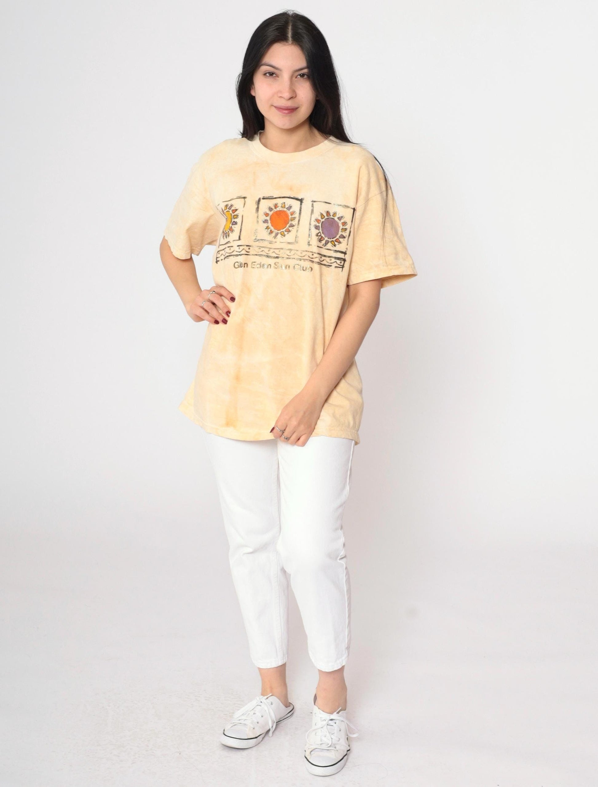 90s Glen Eden Sun Club Tie Dye Graphic T-Shirt Yellow Metallic Large
