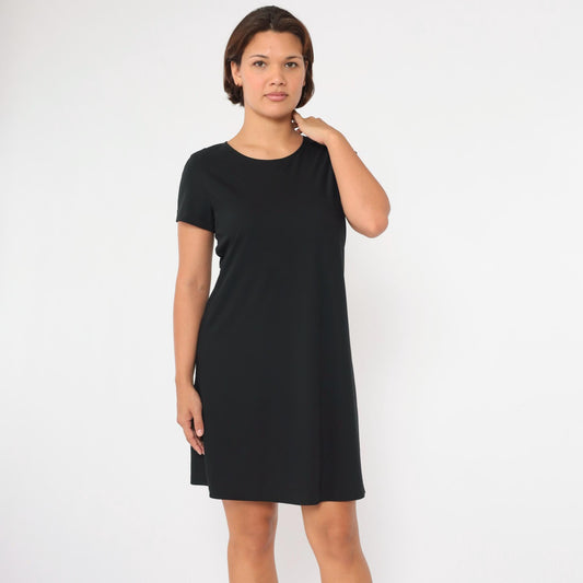 90s Black Mini Shift Dress Short Sleeve Pullover Medium Petite
