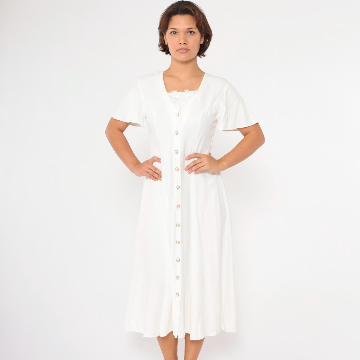 90s White Midi Dress Flutter Sleeve Lace Trim Button Up A-Line Medium