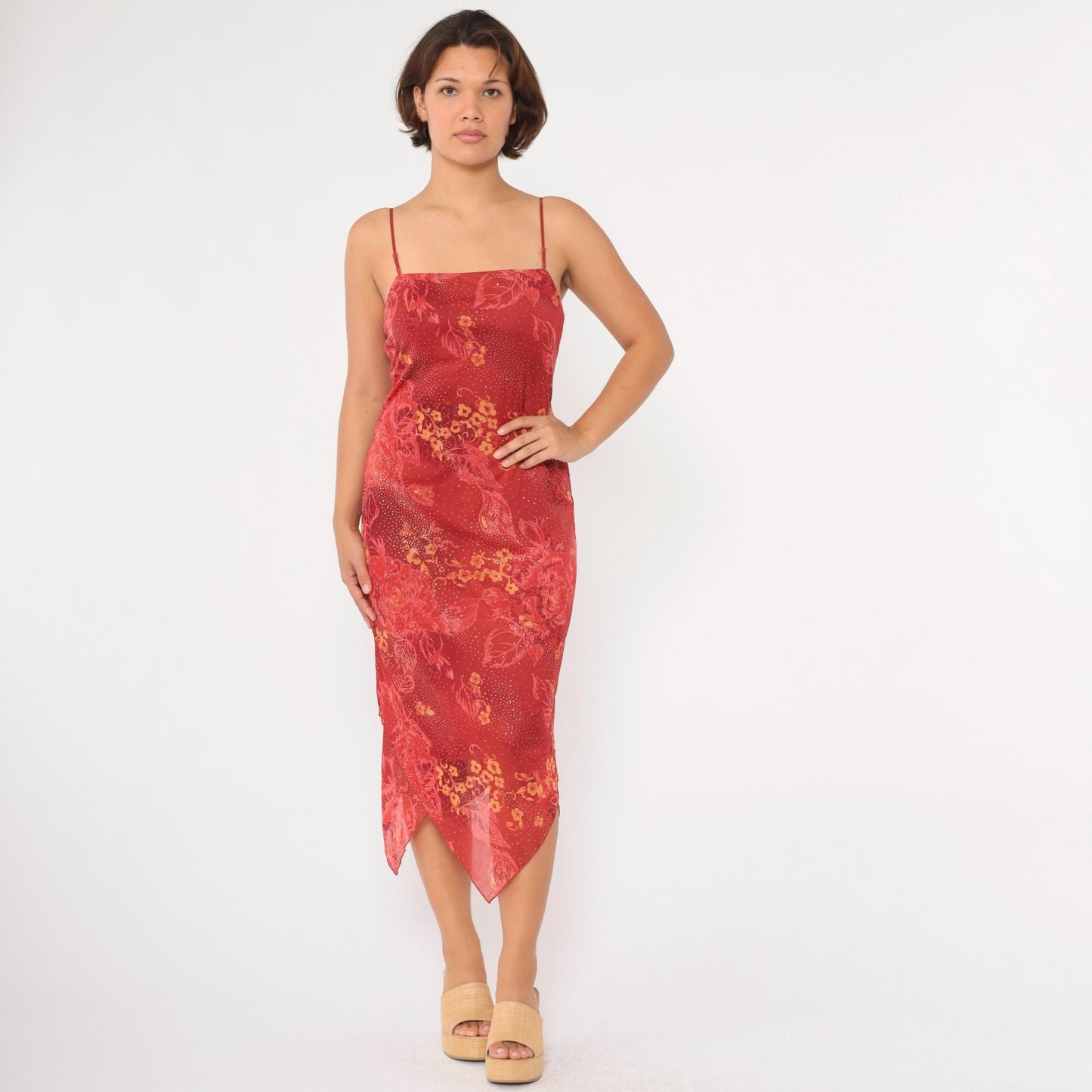 Y2K Red Floral Sparkle Chiffon Hanky Hem Midi Dress Medium