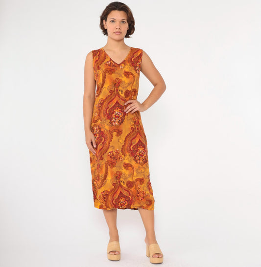 90s Floral Paisley Midi Dress Orange Red Rayon Sleeveless V-Neck Medium