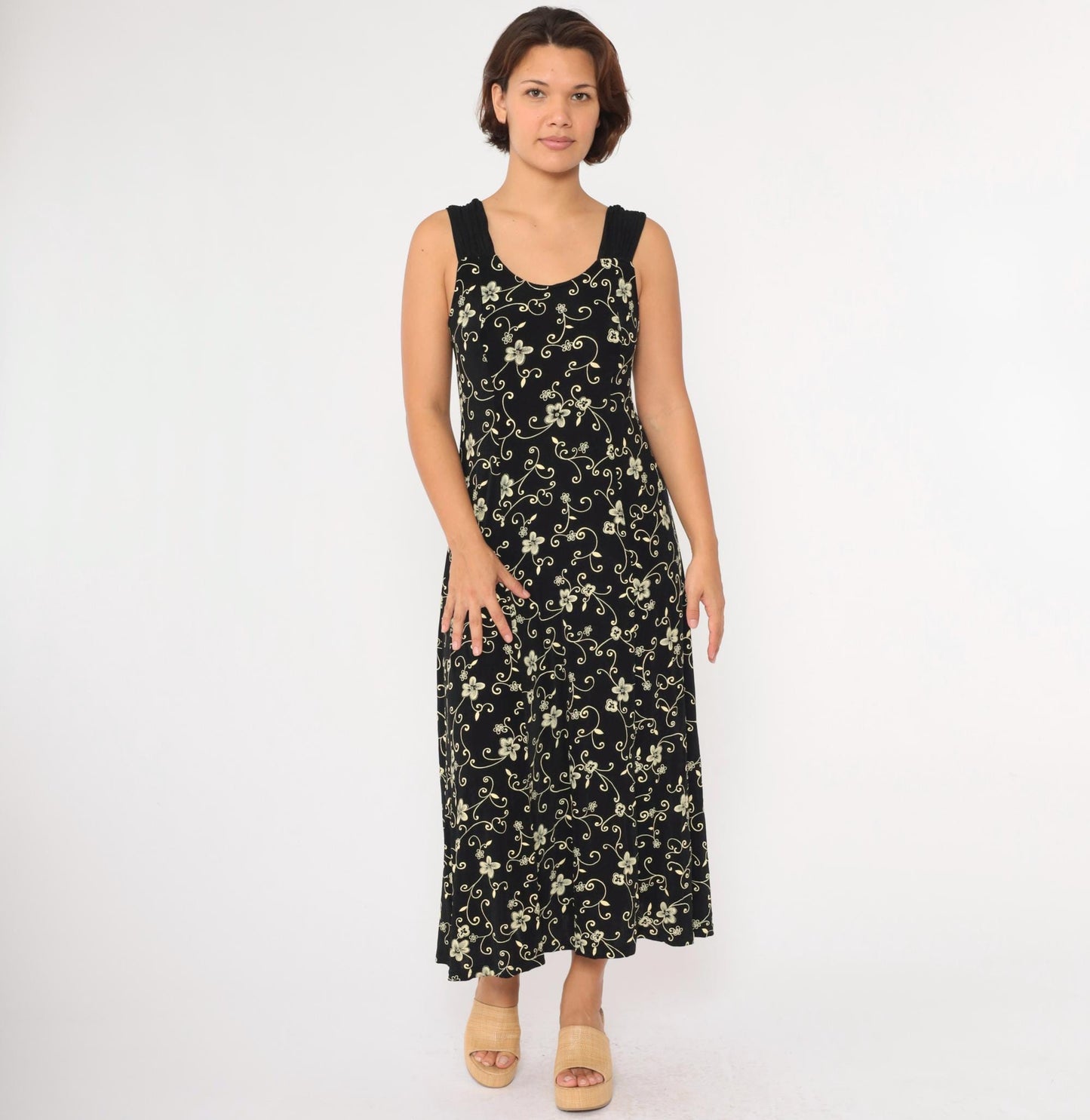 90s Black Floral Maxi Dress Sleeveless Scoop Neck Yellow Print Large