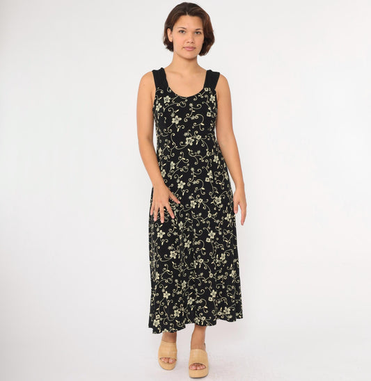 90s Black Floral Maxi Dress Sleeveless Scoop Neck Yellow Print Large