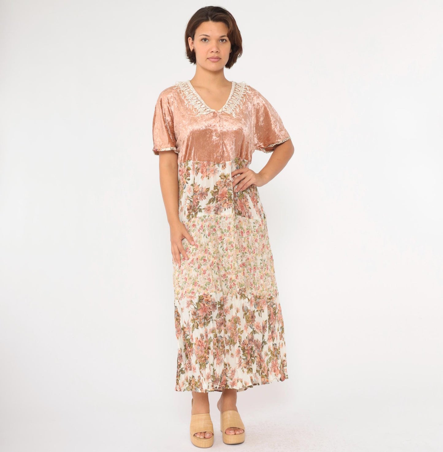 90s Velvet Gauze Tiered Floral Maxi Dress Blush Pink Lace Trim Large L
