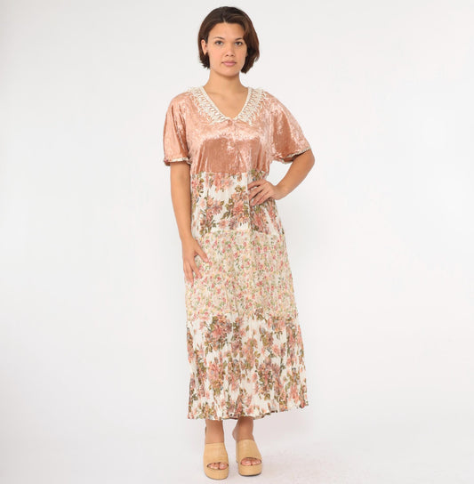 90s Velvet Gauze Tiered Floral Maxi Dress Blush Pink Lace Trim Large L