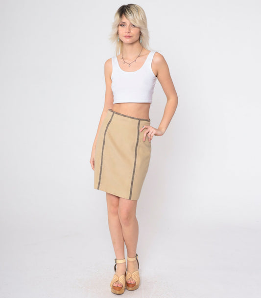 90s Tan Wool Blend Pencil Mini Skirt High Waist Kick Pleat Small