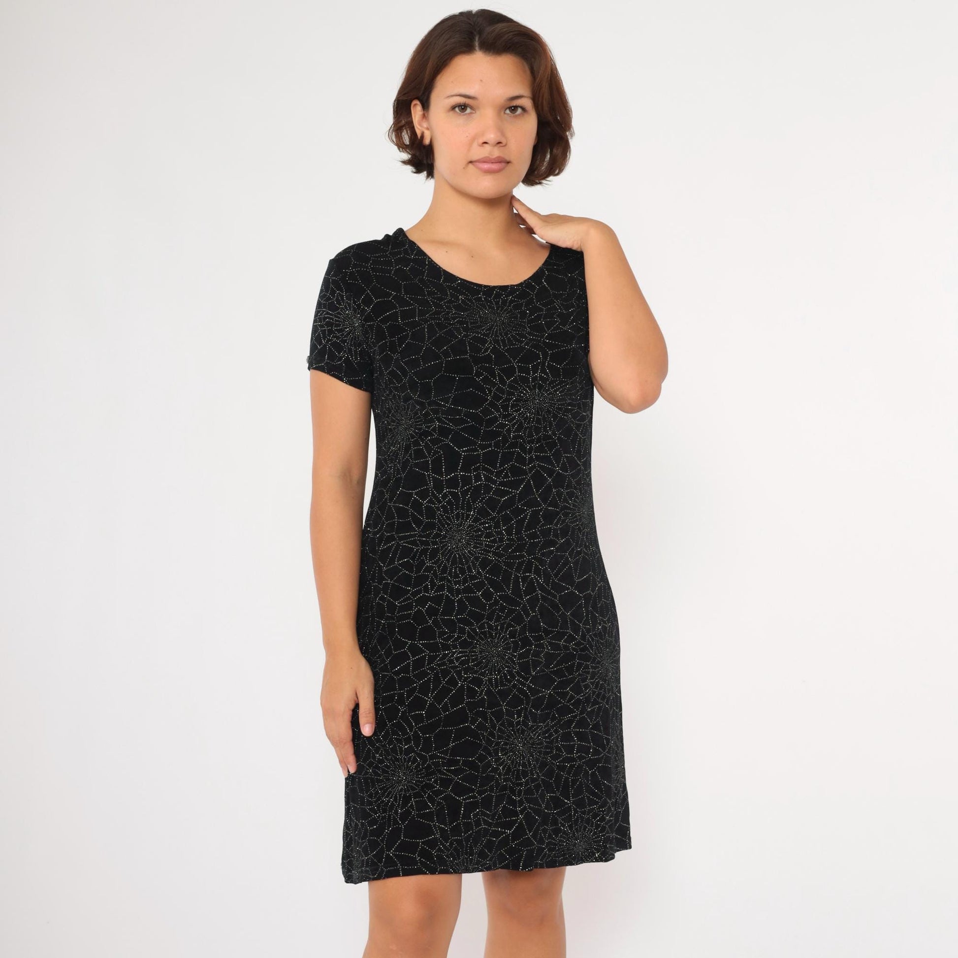 90s Spiderweb Sparkle Mini Dress Black Shift Short Sleeve Large