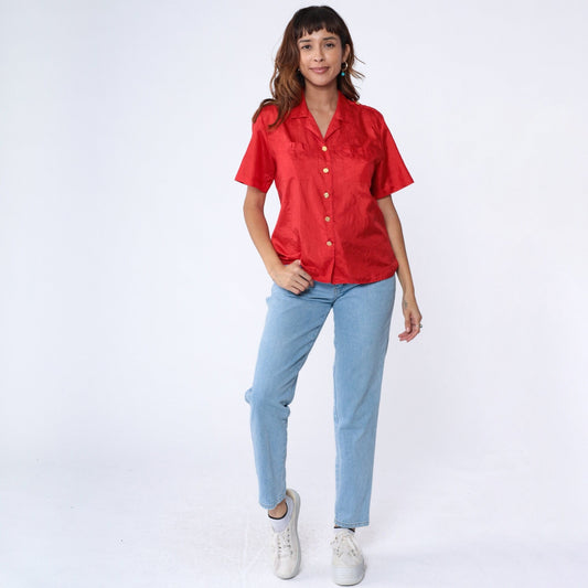 90s Red Shiny Button Up Blouse Gold Buttons Shoulder Epaulettes Medium Large