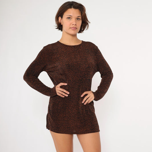 90s Nina Leonard Animal Print Mini Dress Long Sleeve Brown Black Small