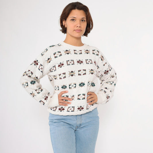 90s Argyle Sweater Off-White Cotton Crewneck Pullover Medium