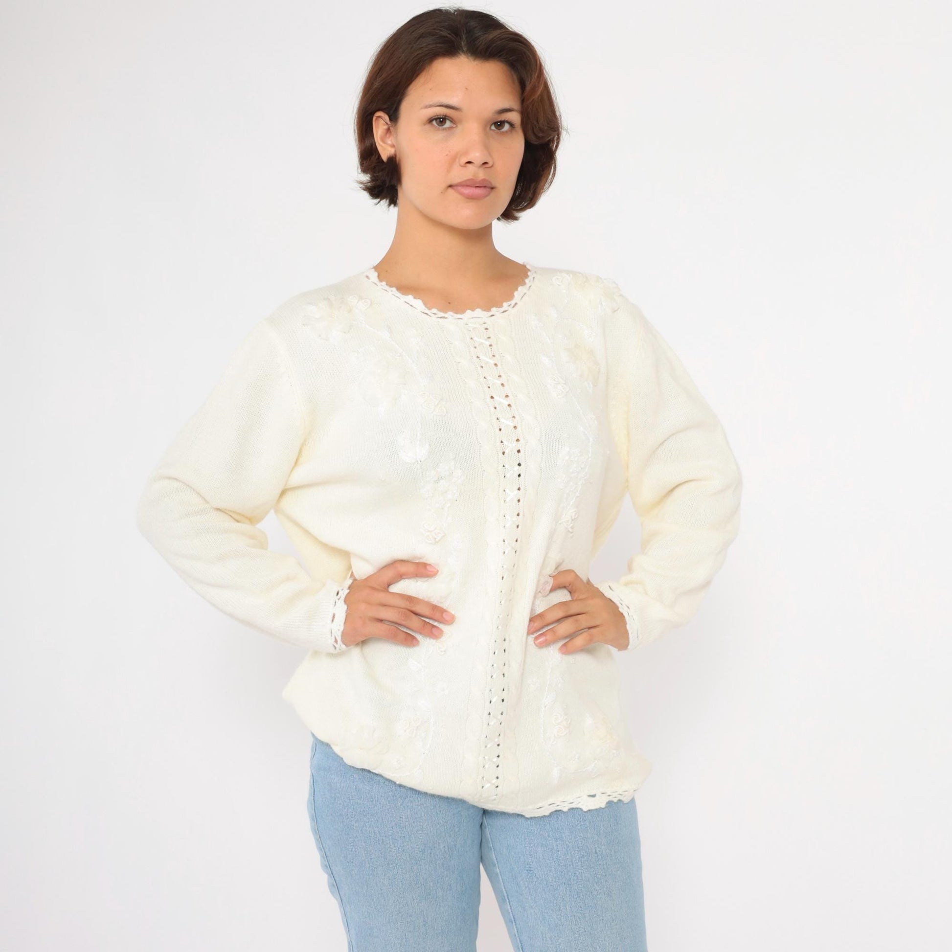 90s Koret White Cable Knit Sweater Floral Embroidered Beaded Crochet Lace Large