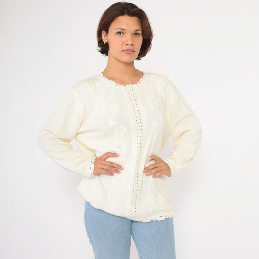 90s Koret White Cable Knit Sweater Floral Embroidered Beaded Crochet Lace Large