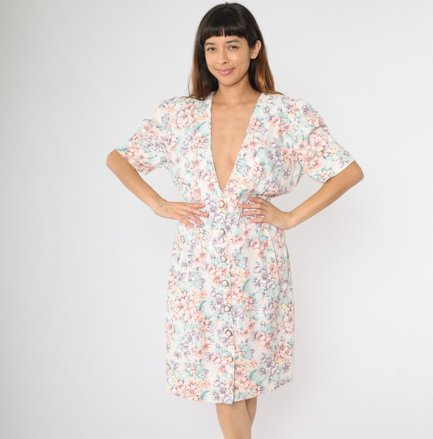 80s Caroline Wells Floral Midi Dress White Puff Sleeve Pearl Button Medium