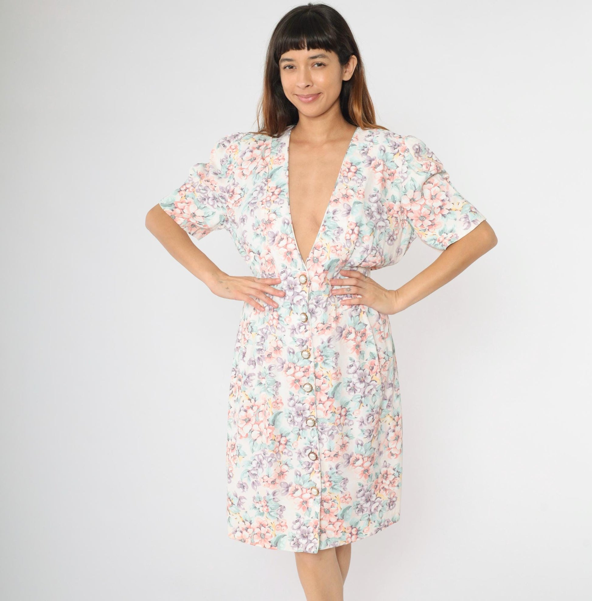 80s Caroline Wells Floral Midi Dress White Puff Sleeve Pearl Button Medium