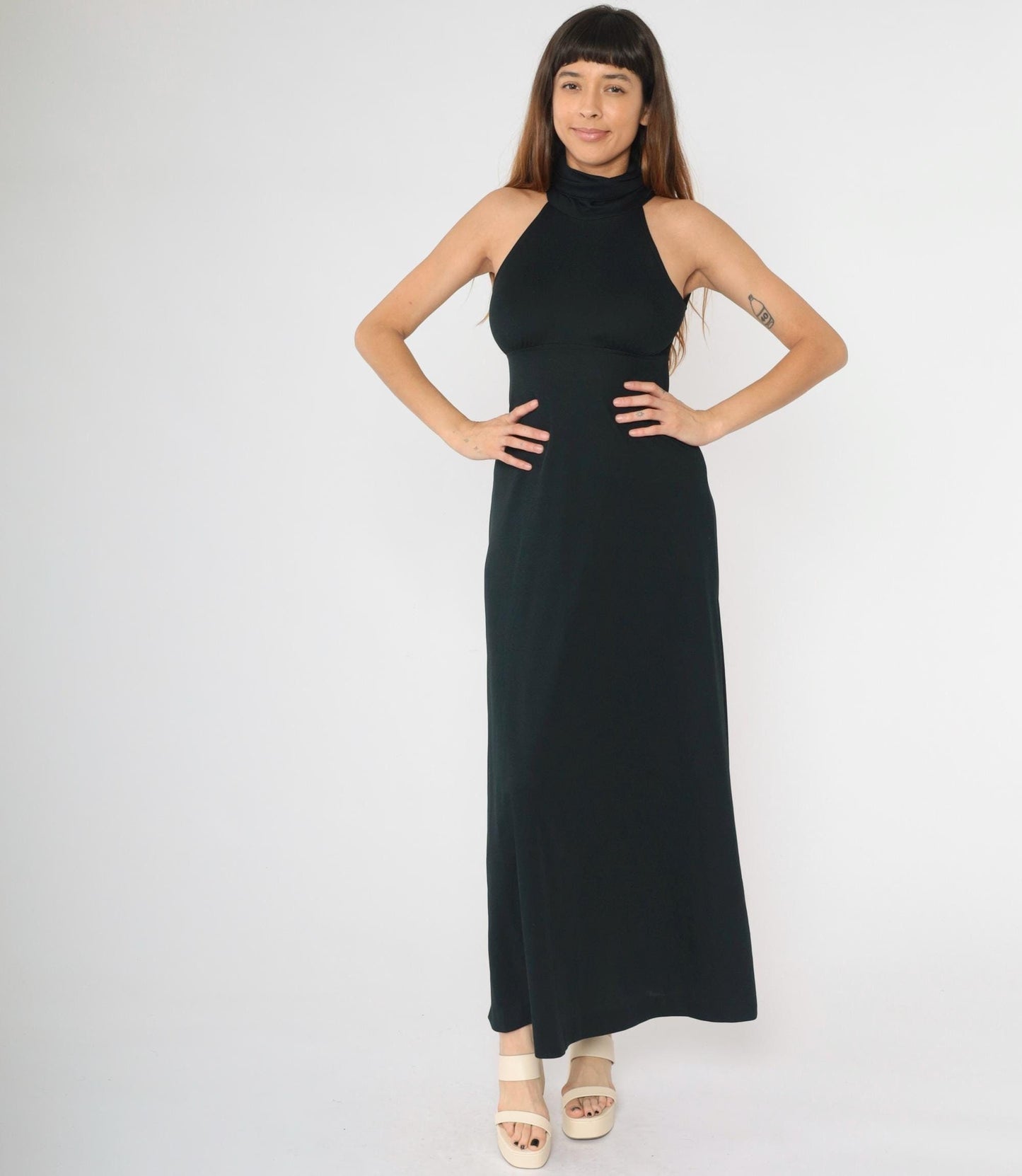 70s Black Maxi Dress Racerback Keyhole Cutout Empire Waist Turtleneck XS