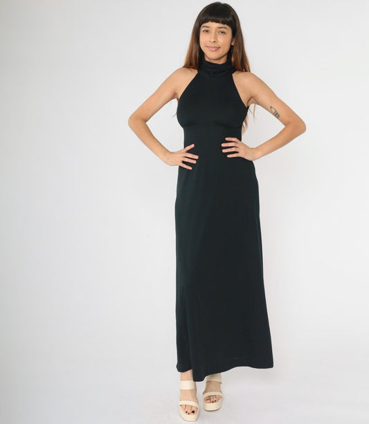 70s Black Maxi Dress Racerback Keyhole Cutout Empire Waist Turtleneck XS