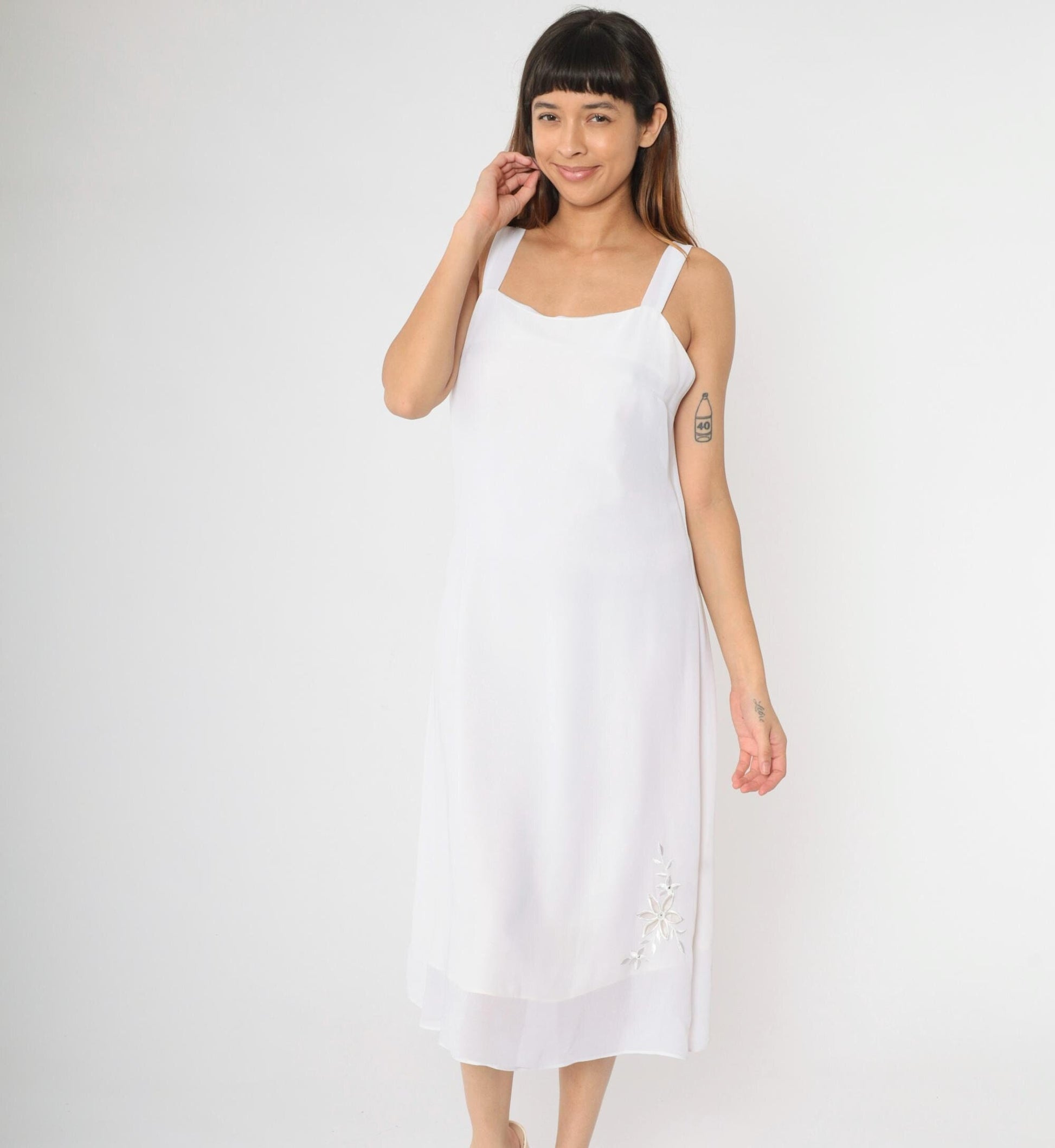 90s White Chiffon Midi Dress Floral Embroidered Cutwork Rhinestone Medium