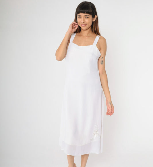 90s White Chiffon Midi Dress Floral Embroidered Cutwork Rhinestone Medium
