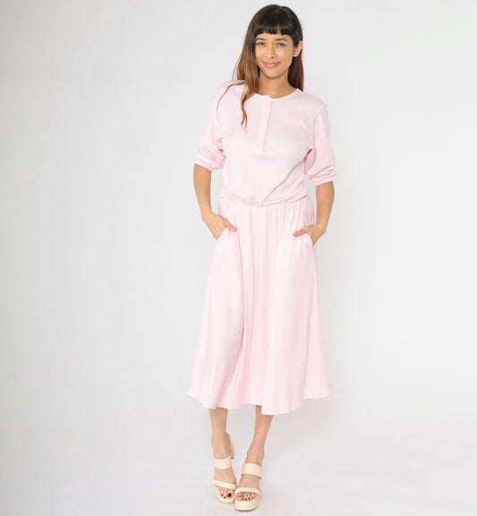80s Baby Pink Midi Shirtdress Button-Up High Waist Half Sleeve Medium