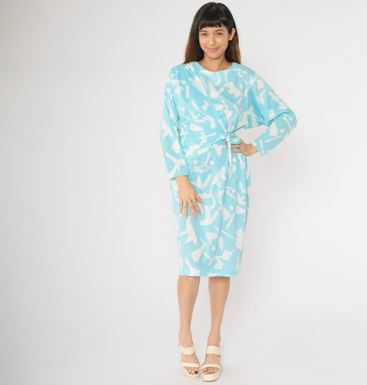 80s Blue White Abstract Geometric Dolman Sleeve Midi Dress Large L