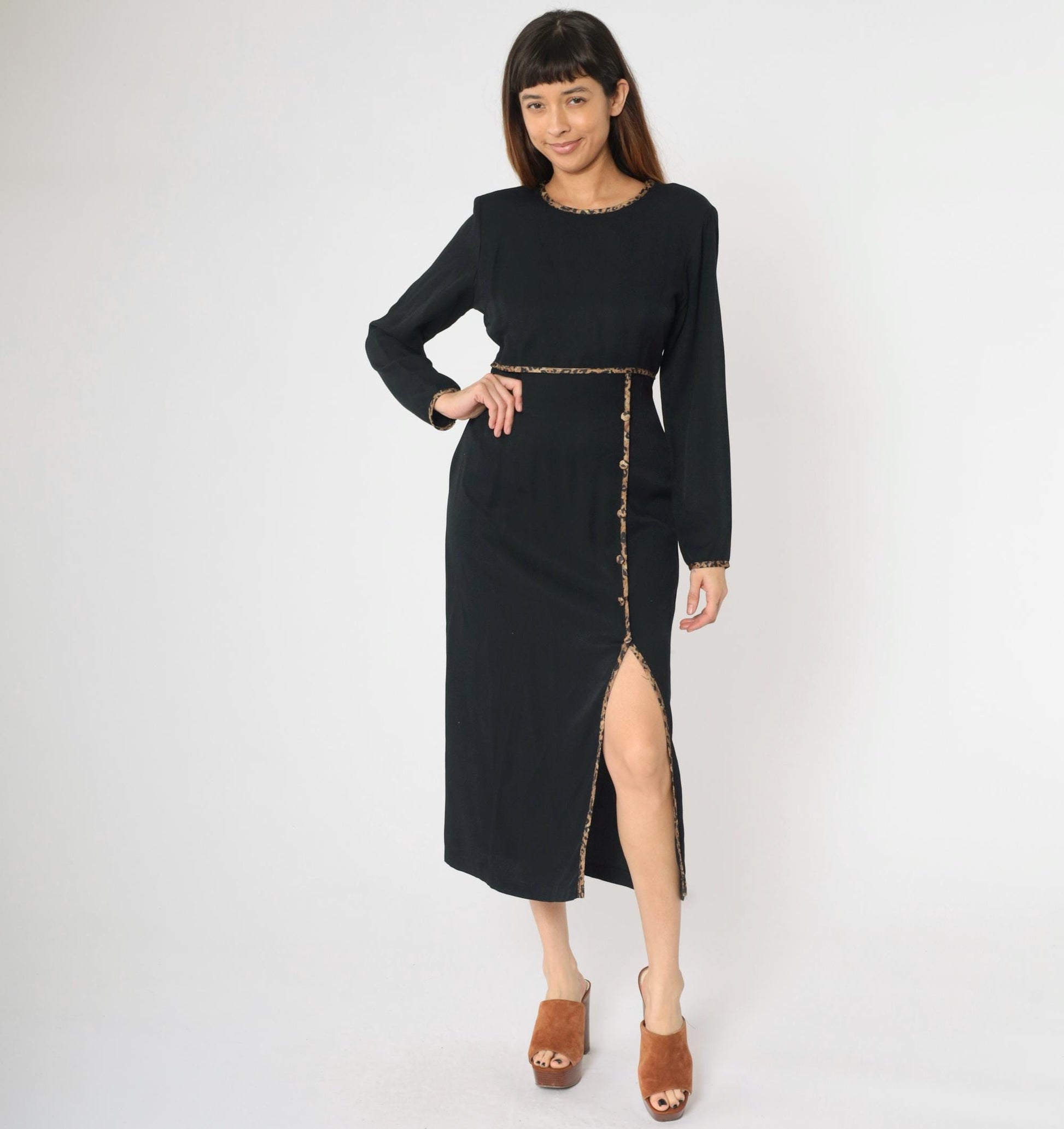 90s David Benjamin Black Midi Dress Leopard Trim High Waist Front Slit Medium