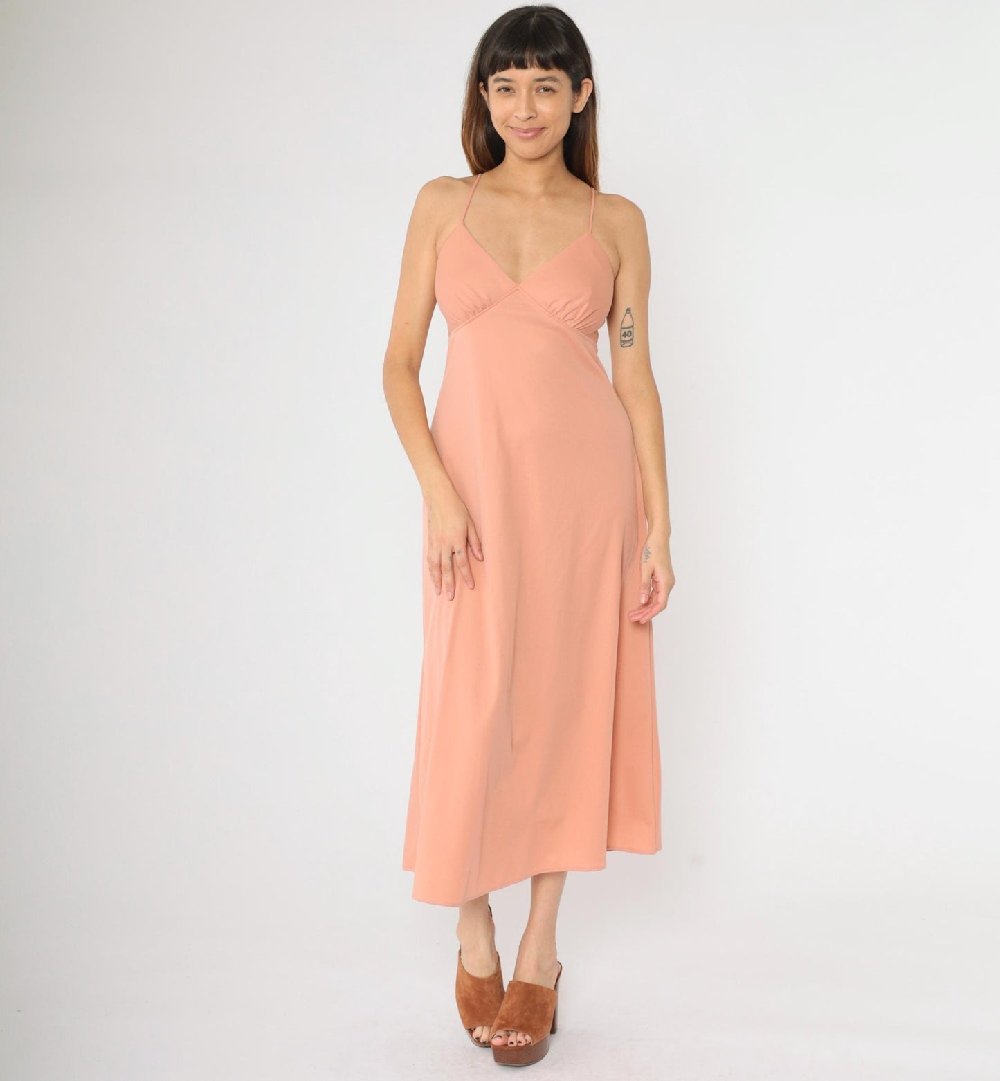 1970s Dusty Pink Empire Waist Maxi Dress V-Neck Spaghetti Strap Small
