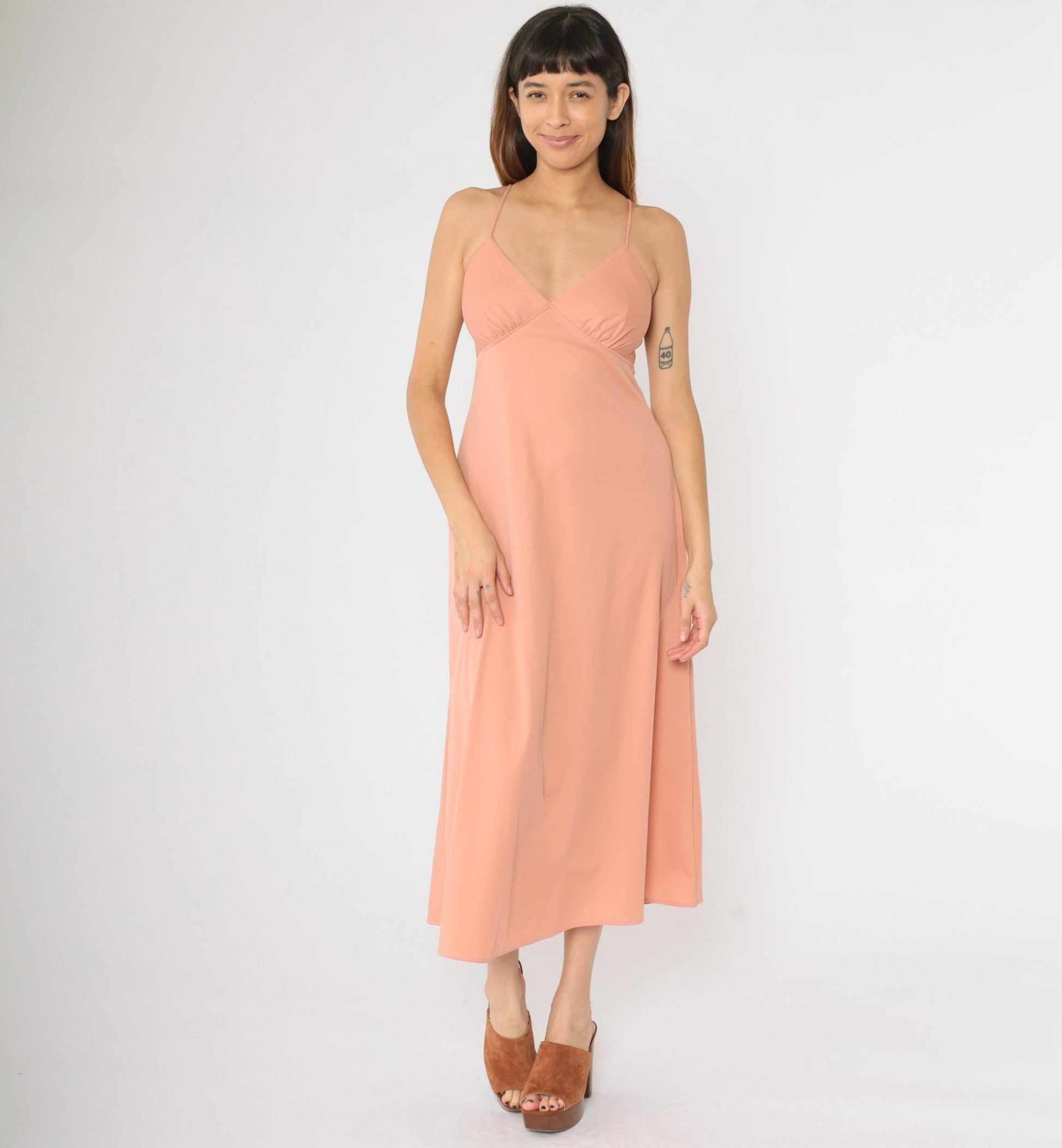 1970s Dusty Pink Empire Waist Maxi Dress V-Neck Spaghetti Strap Small