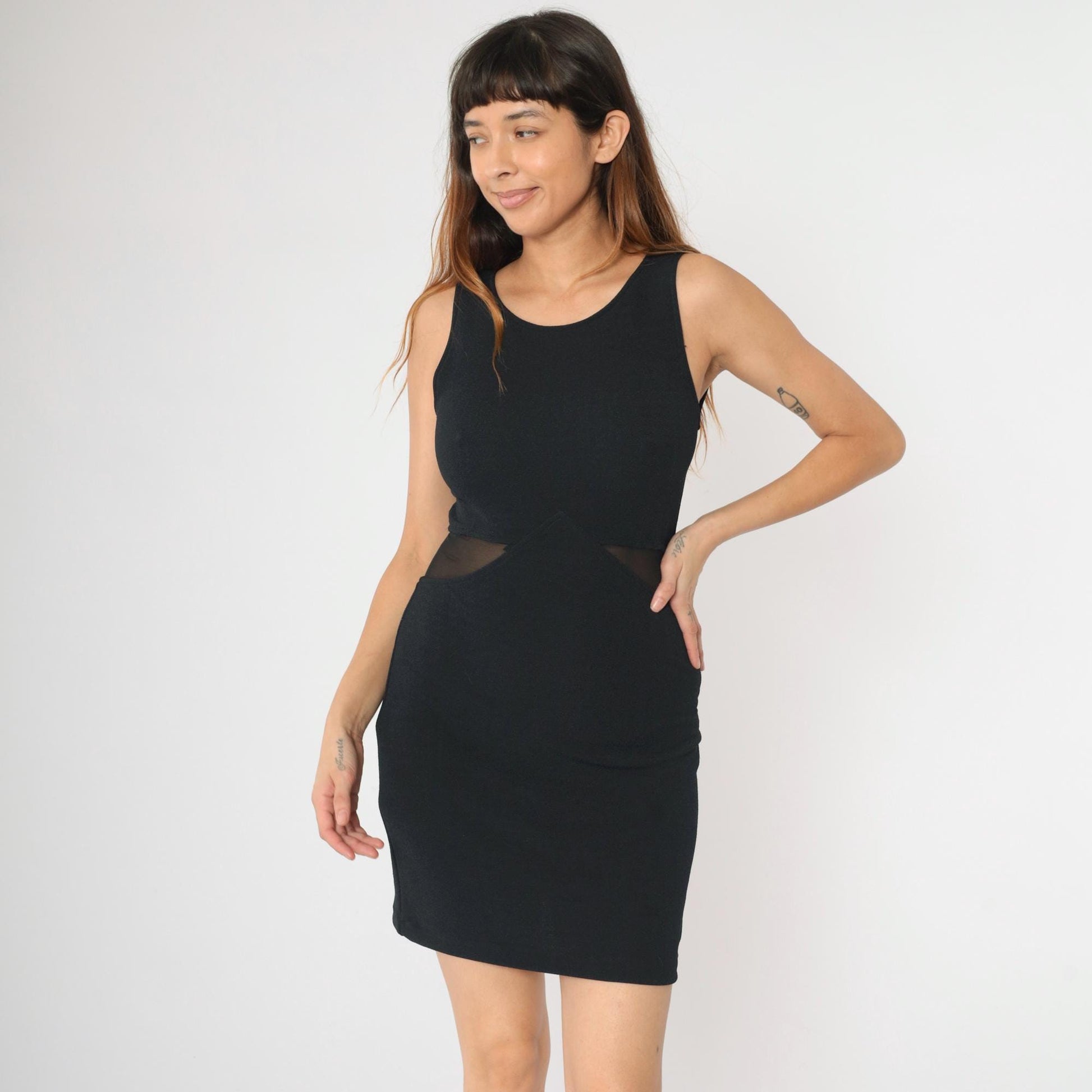 90s Black Bodycon Mini Dress Sheer Mesh Waist Cut Out Sleeveless Small