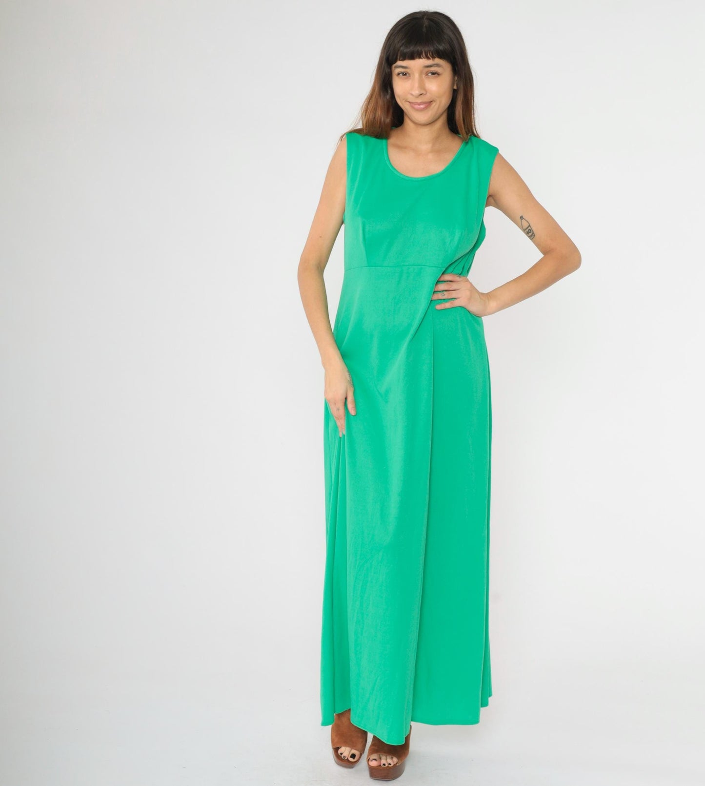 70s Green Maxi Dress Sleeveless High Waist Lily Lynn Large L