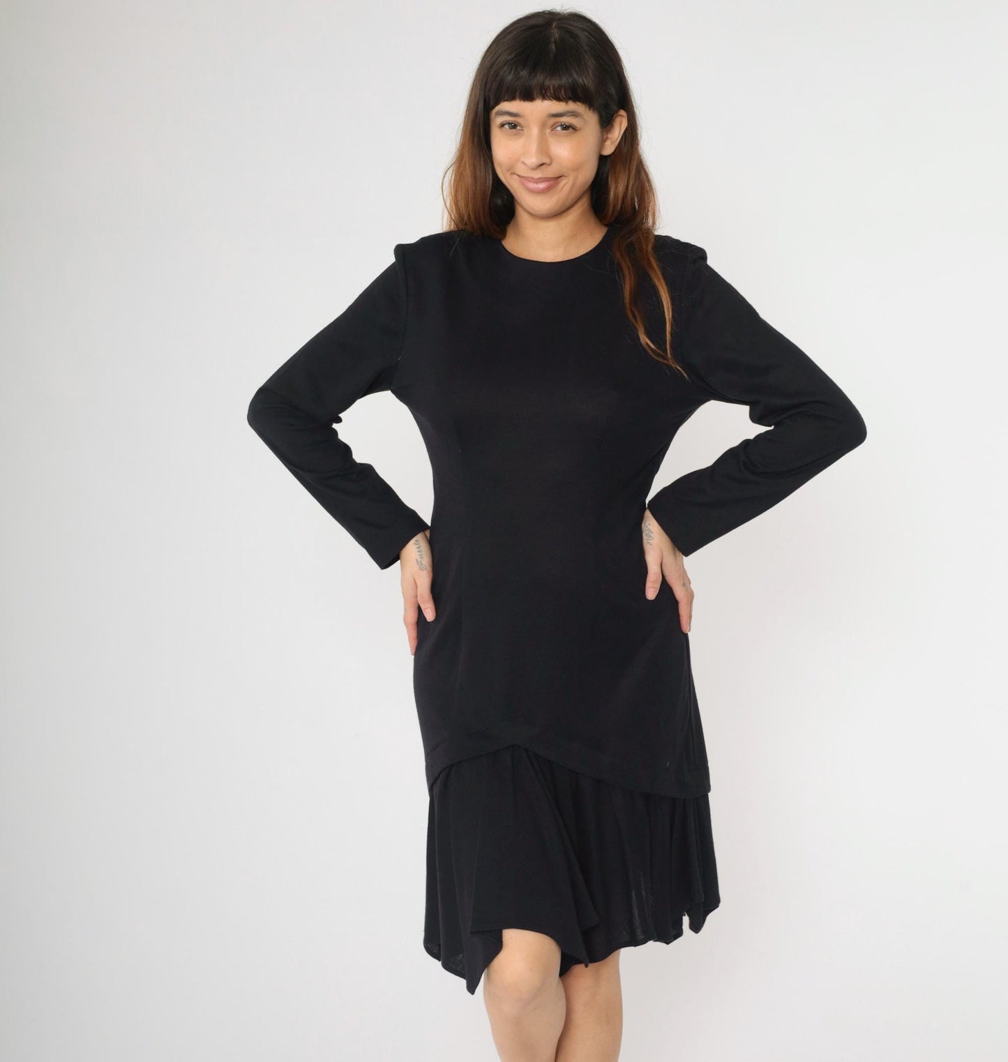 90s Black Knit Dress Asymmetric Layered Hem Long Sleeve Midi Medium