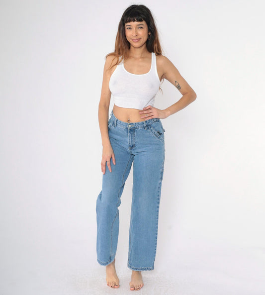 00s Rue21 Cargo Jeans Blue Denim Straight Leg Mid Rise Small 27
