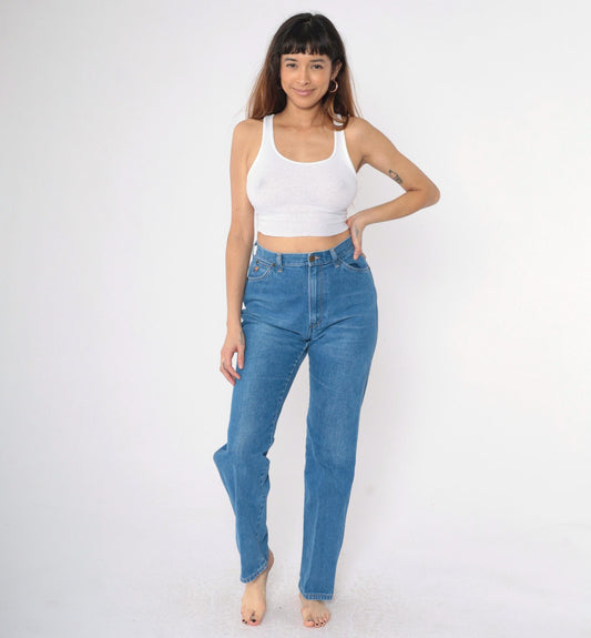 80s Wrangler High Waisted Tapered Jeans Blue Straight Leg Small