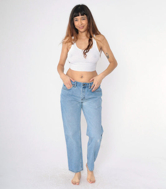 90s Lee Jeans Men's 33x30 High Waist Straight Leg Knee Rip Blue Denim
