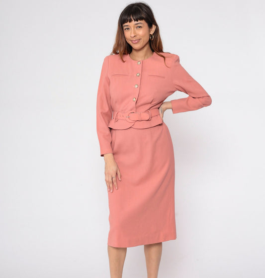 80s Talbots Salmon Pink Secretary Dress Midi Attached Jacket Small