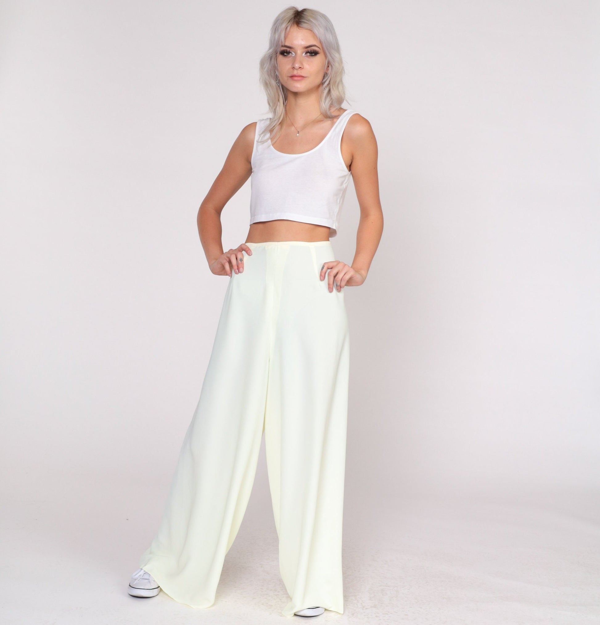 70s Pale Yellow Wide Leg Palazzo Pants High Waist Bell Bottom Medium