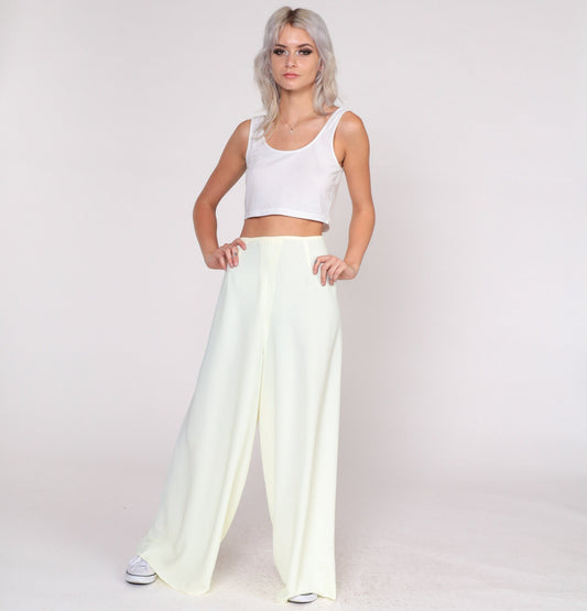 70s Pale Yellow Wide Leg Palazzo Pants High Waist Bell Bottom Medium