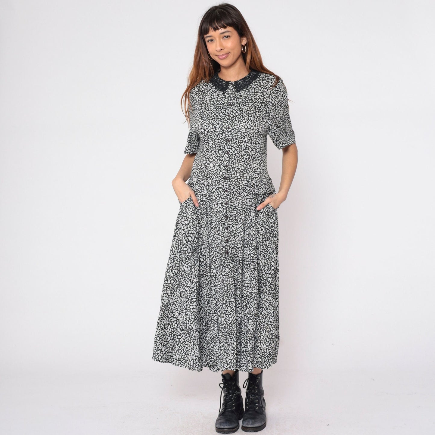 80s Diane Von Furstenberg Mosaic Print Midi Dress Black White Lace Collar Small 6