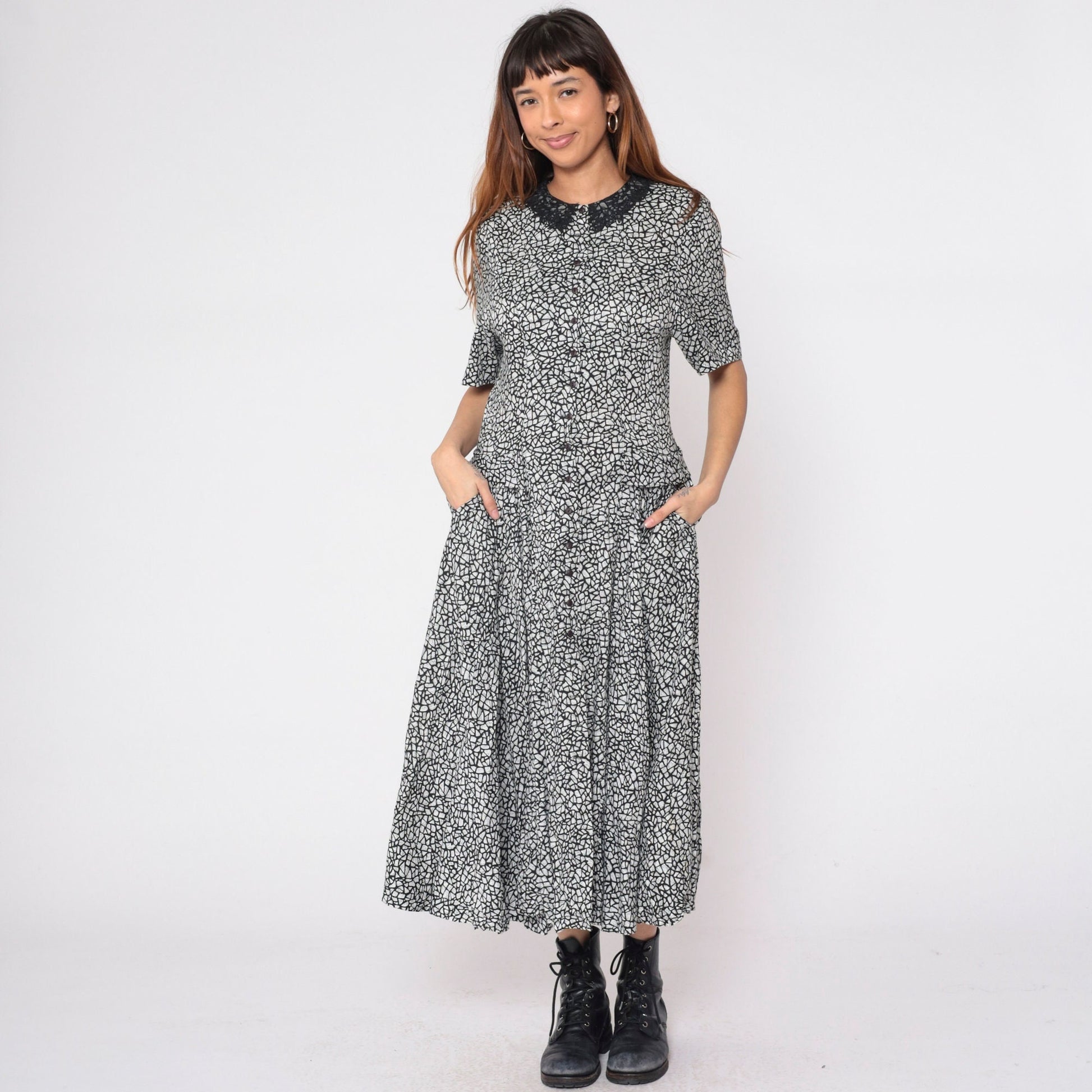 80s Diane Von Furstenberg Mosaic Print Midi Dress Black White Lace Collar Small 6
