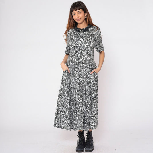 80s Diane Von Furstenberg Mosaic Print Midi Dress Black White Lace Collar Small 6