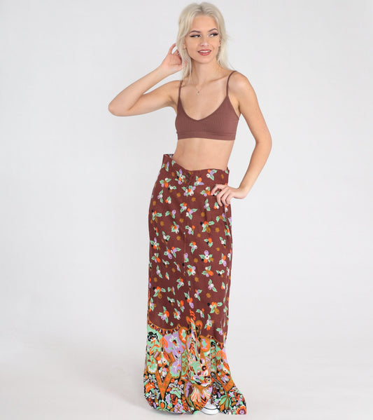 70s Young Edwardian Floral Maxi Skirt High Waist Brown Small