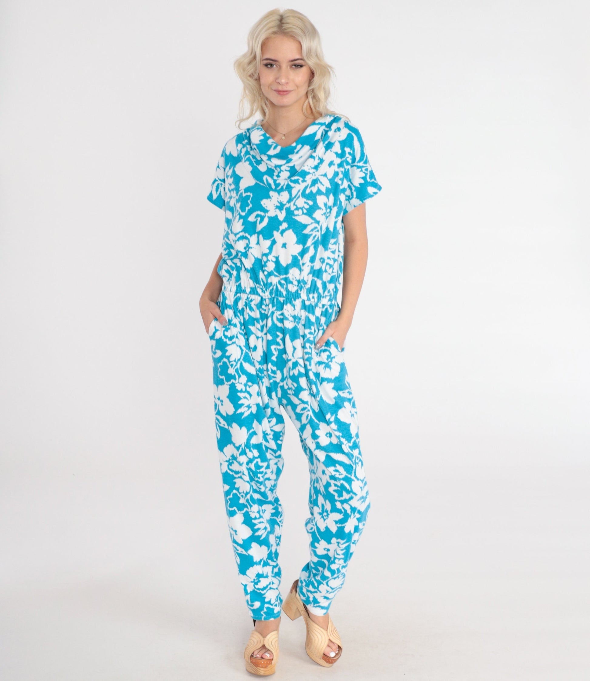 80s Blue Floral Jumpsuit White Print Cowl Neck Tapered Leg Medium Large