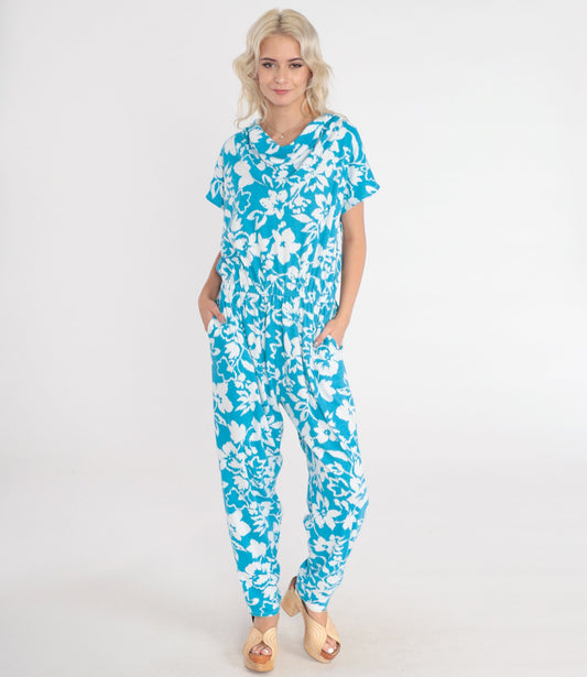 80s Blue Floral Jumpsuit White Print Cowl Neck Tapered Leg Medium Large