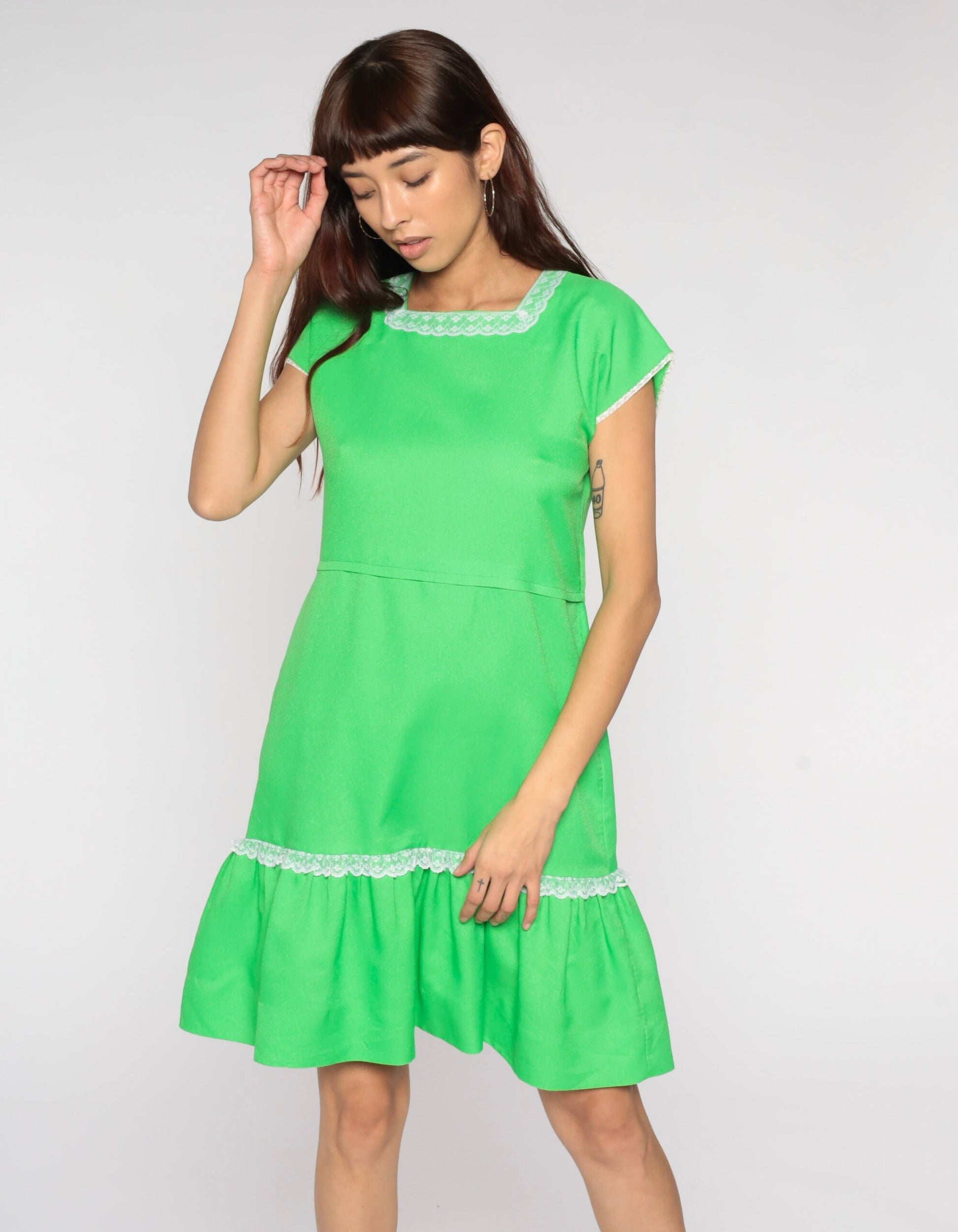 60s Lime Green Mini Dress Cap Sleeve High Waist Fit Flare Small S