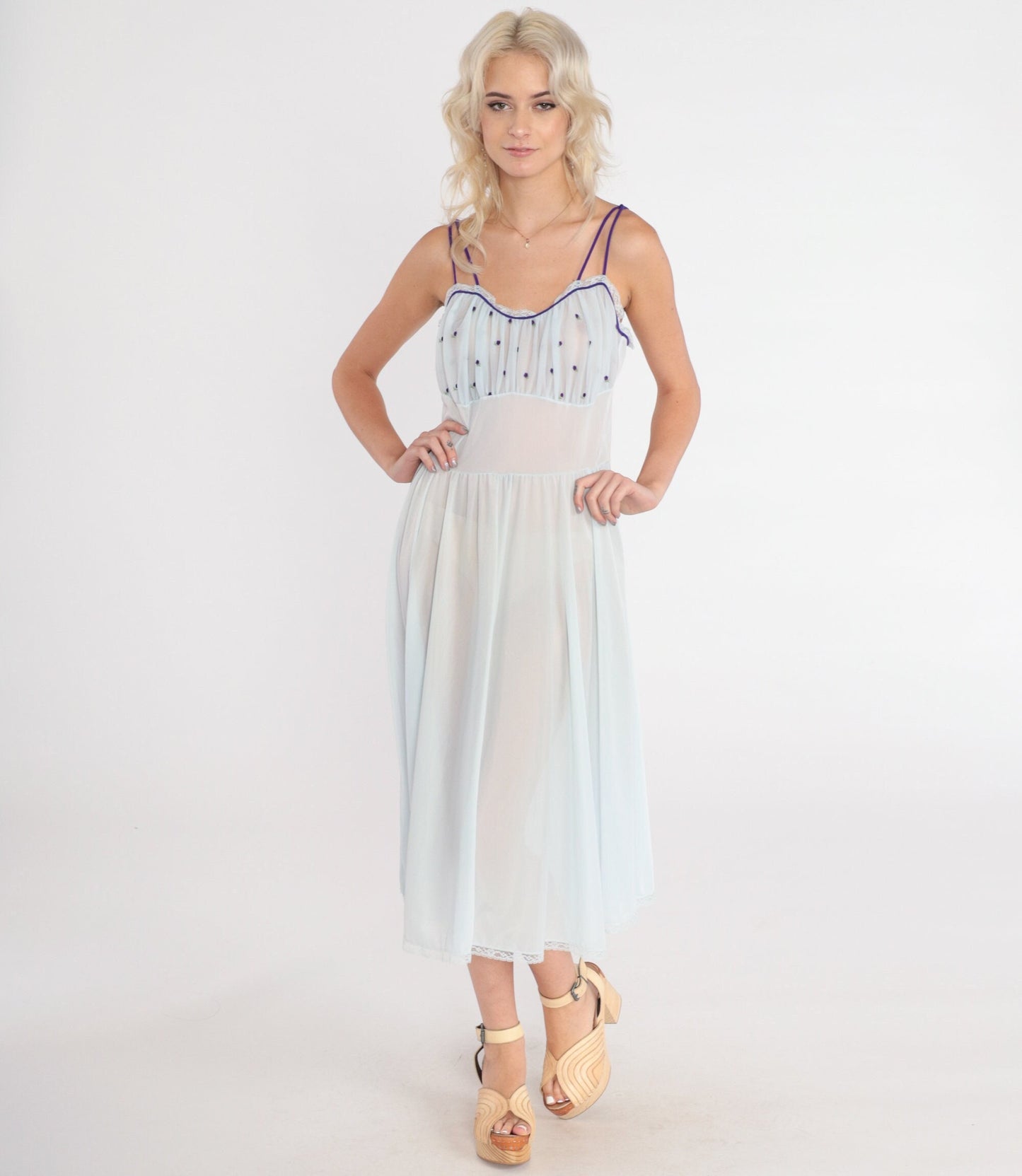 70s Sheer Blue Nightgown Floral Embroidered Lace Trim Empire Waist Midi Small