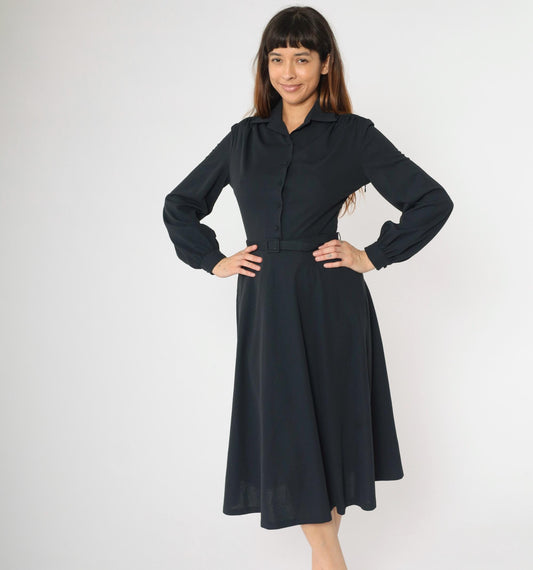 70s Black Midi Shirtdress Button-Up High Waisted Belted Collared Small S