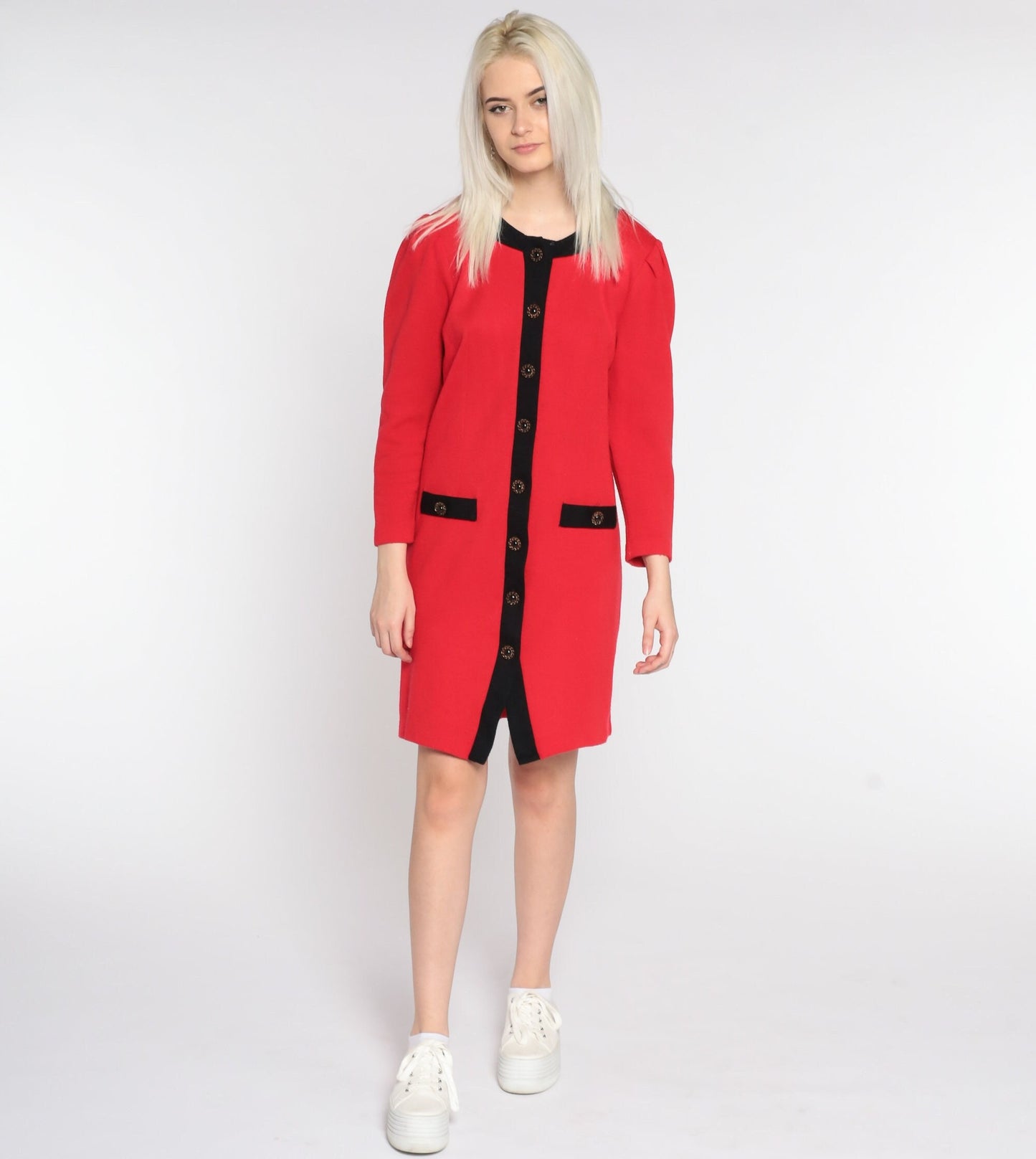 80s Red Mini Dress Puff Sleeve Button Up Black Trim Small