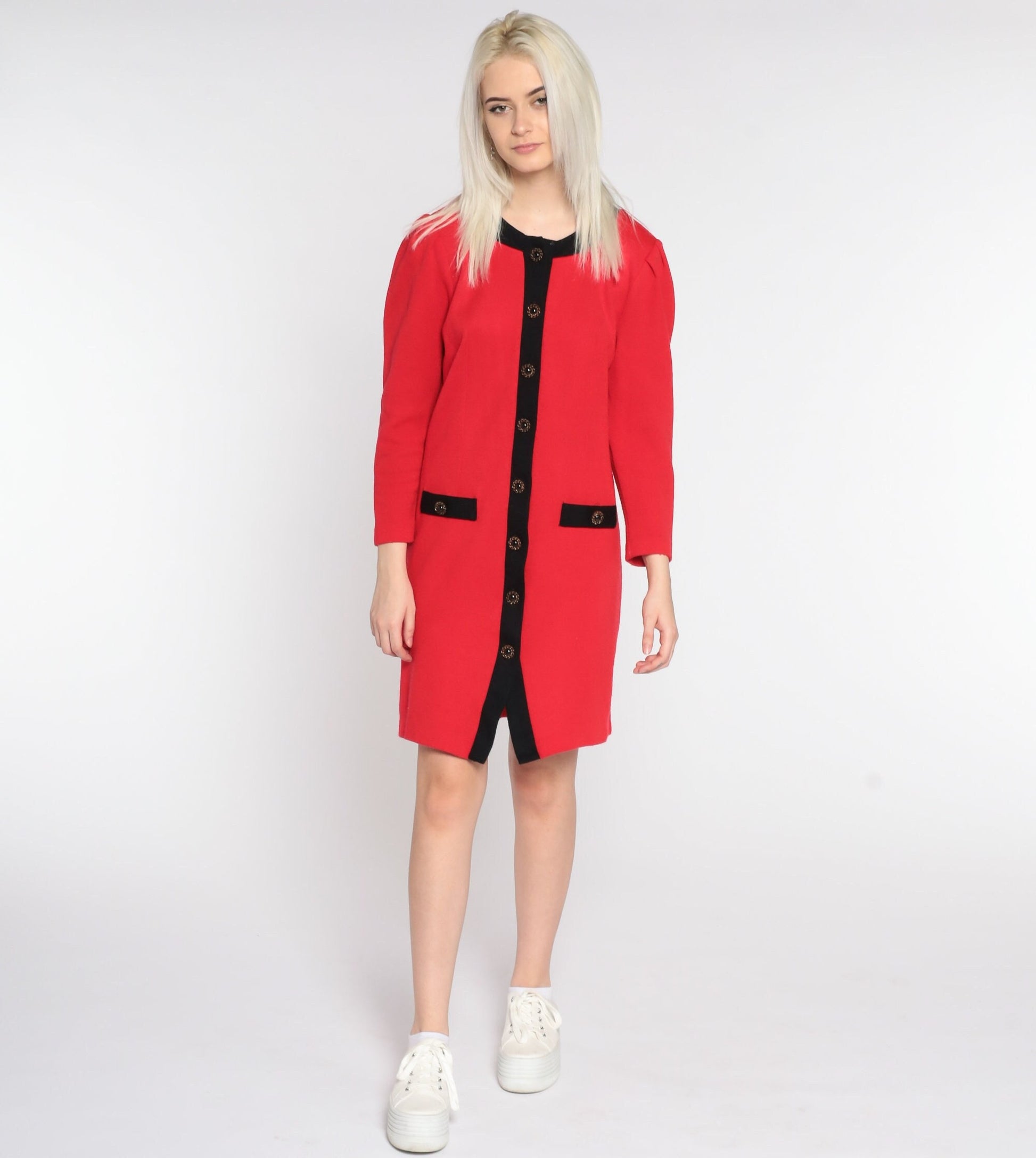 80s Red Mini Dress Puff Sleeve Button Up Black Trim Small