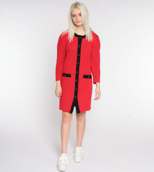 80s Red Mini Dress Puff Sleeve Button Up Black Trim Small