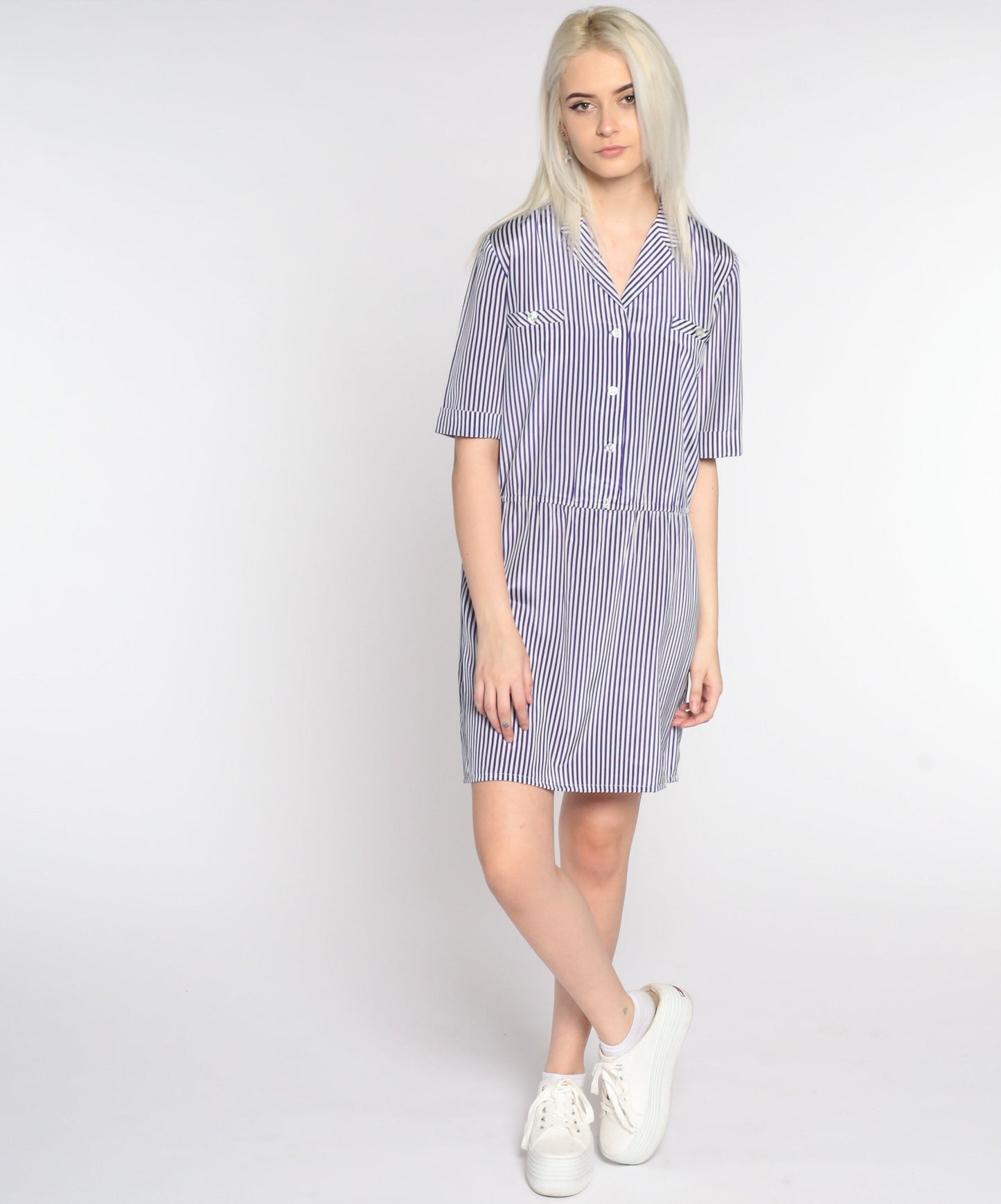 80s Purple White Striped Mini Dress Button Up Short Sleeve Small Medium