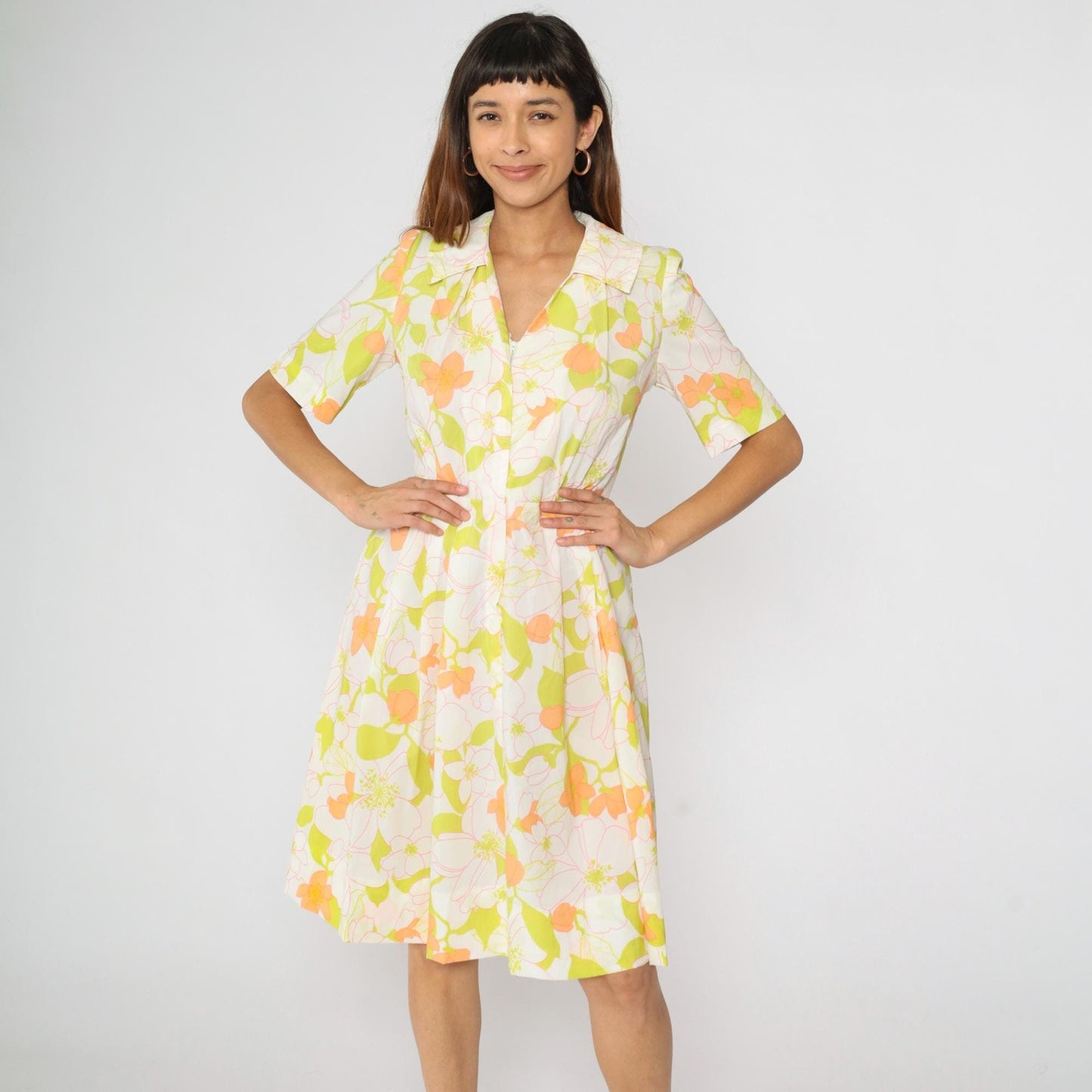 60s White Floral Day Dress High Waisted Front Zipper Pleated Knee Length Medium